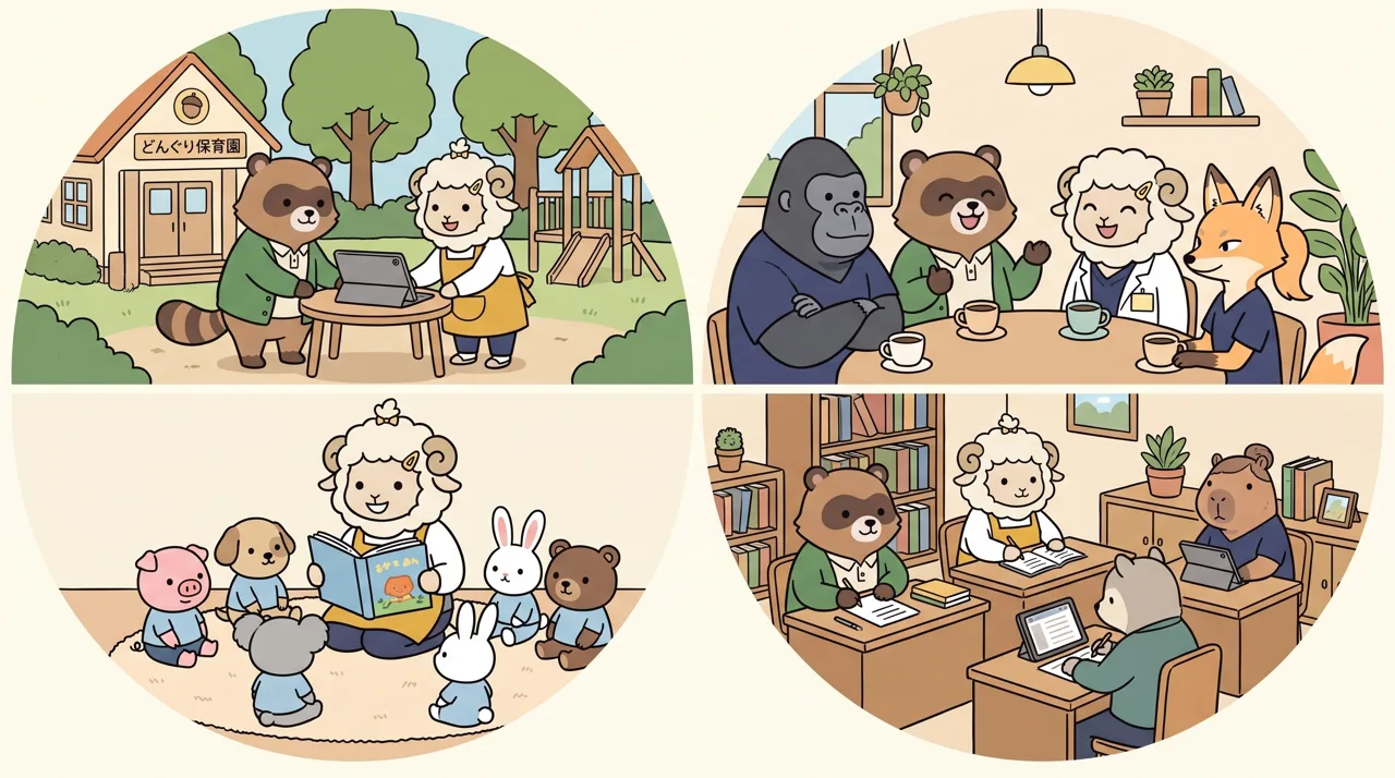 業務改善が進む園では「仕組みの導入」と「風土の転換」が両輪で進みます。ツールを入れるだけでなく、持ち帰りを前提としない意識づくりが伴って定着します。